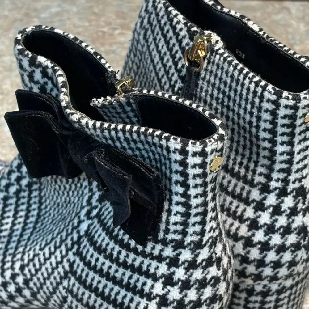 Kate Spade New York Holly Bow Houndstooth Black & White Ankle Boots Size 9.5